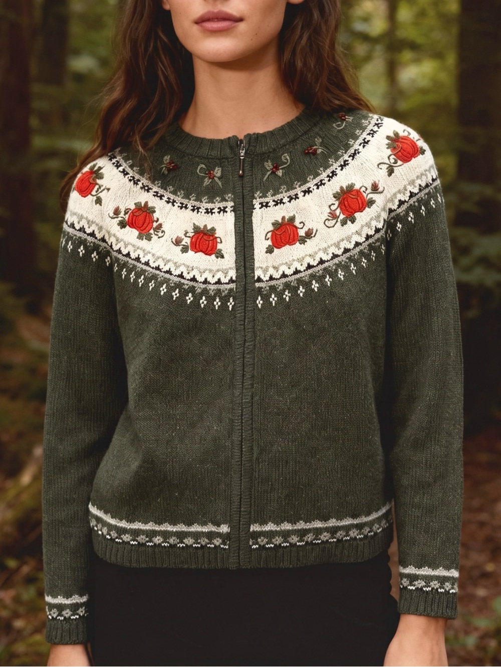 VTG Pumpkin Fall Harvest Fair Isle Wool Blend Cardigan Zip Up Size Large C&B